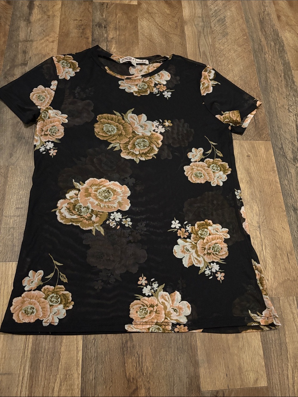 Women’s Black Floral Mesh Short Sleeve Top - Soft Casual Tee